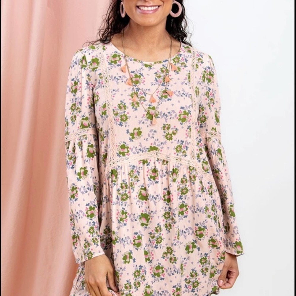 Matilda Jane Pink Floral With Lace Long Sleeve Bell Sleeve Flowy Top Siz…